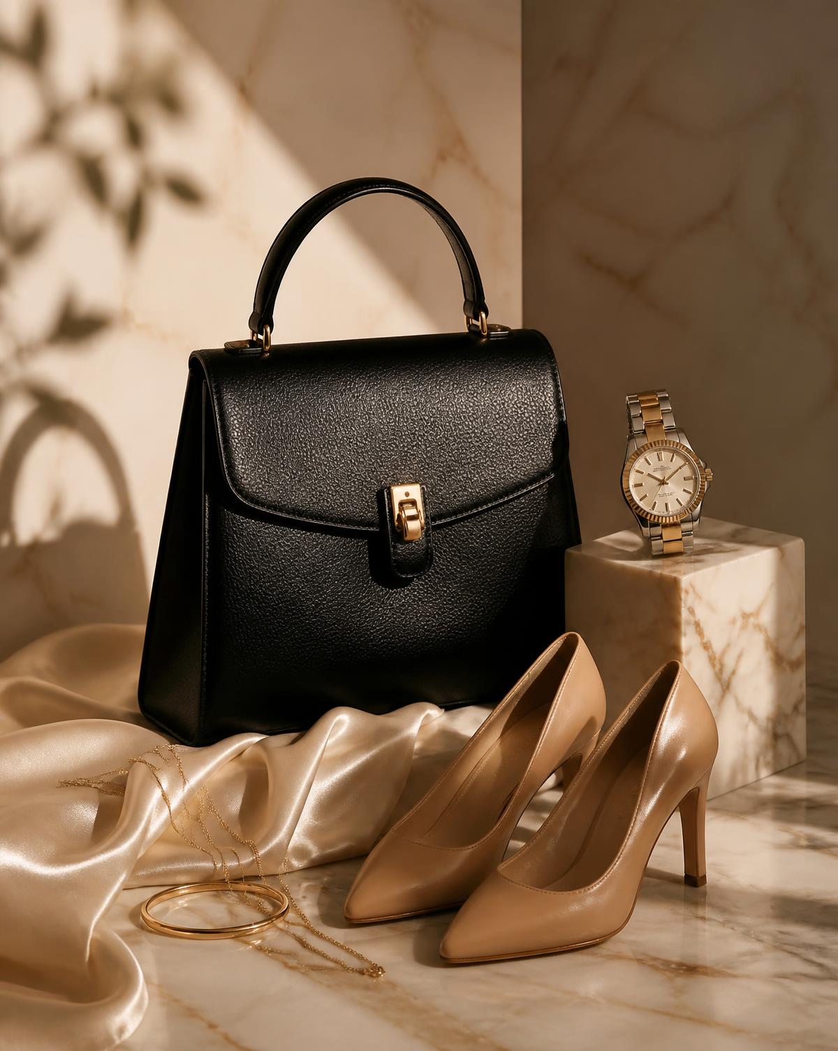 Editorial arrangement of a structured leather handbag, gold-tone watch, heels and fine jewellery on marble