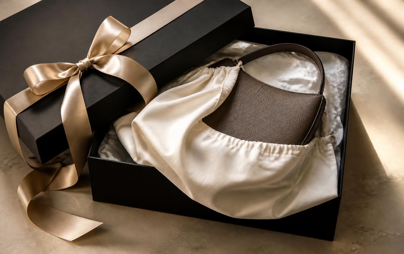 Matte black gift box with champagne ribbon, tissue paper and a cotton dust bag revealing a leather handbag